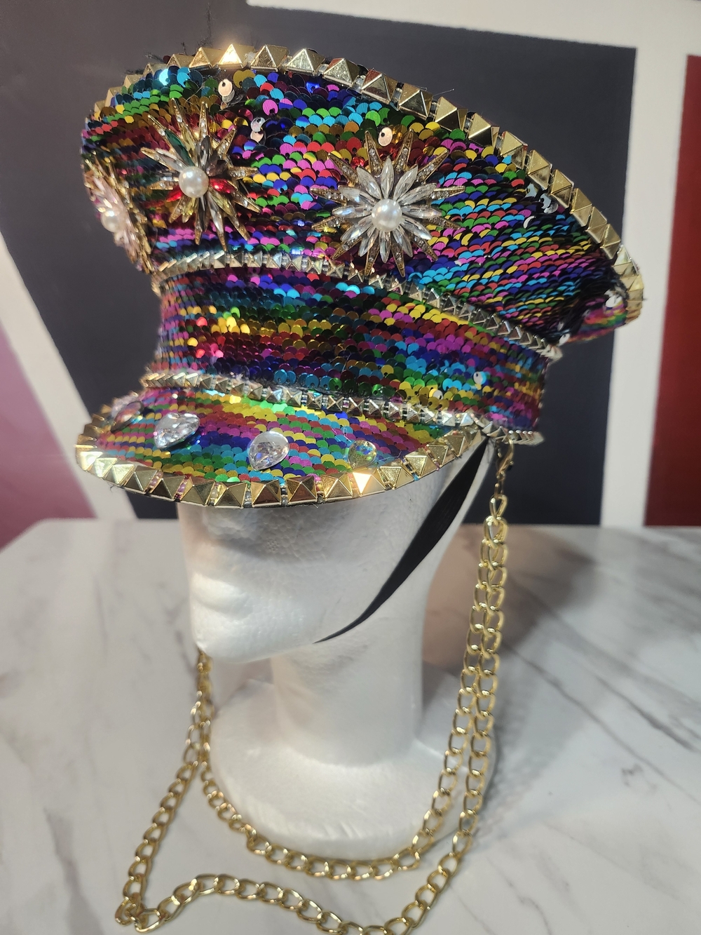 Cosmic Captain Rainbow Sequin Festival Hat - Bling & Gold Chain & Chin Strap
